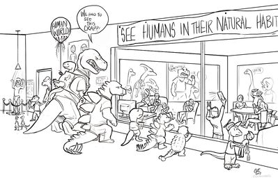 Human World
art by clcanadyarts
Keywords: dinosaur;theropod;tyrannosaurus_rex;trex;stegosaurus;ankylosaurus;sauropod;hadrosaur;parasaurolophus;ceratopsid;triceratops;anthro;human;humor;non-adult;clcanadyarts