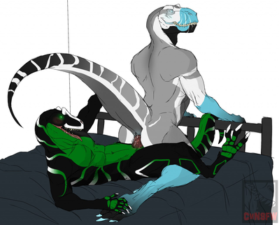 Power Bottom
art by cmnsfw
Keywords: dinosaur;theropod;tyrannosaurus_rex;allosaurus;male;anthro;M/M;penis;reverse_cowgirl;anal;spooge;cmnsfw