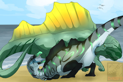 Something Smells Fishy
art by cmnsfw
Keywords: dinosaur;theropod;spinosaurus;ichthyovenator;male;female;feral;M/F;69;oral;vagina;vaginal_penetration;beach;cmnsfw