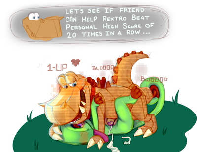 Rextro-Sixtyfourus and Yooka
art by d-yoshi
Keywords: videogame;yooka-laylee;dinosaur;theropod;tyrannosaurus_rex;rextro-sixtyfourus;lizard;yooka;male;female;anthro;M/F;penis;missionary;suggestive;spooge;d-yoshi