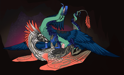 Coatl and Wildclaw Having Sex
art by void-tech
Keywords: flight_rising;coatl_dragon;wildclaw_dragon;dragon;dragoness;male;female;feral;M/F;penis;cowgirl;vaginal_penetration;spooge;void-tech