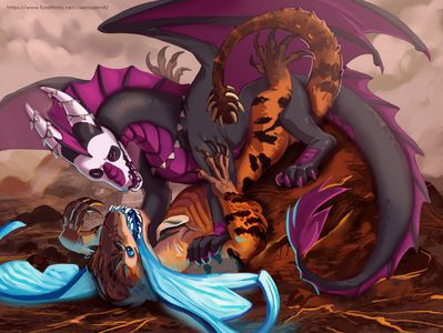 Virul and Raptidon (The_Outer_Worlds)
art by coinn8
Keywords: videogame;the_outer_worlds;dragon;reptile;lizard;male;female;feral;M/F;missionary;suggestive;coinn8