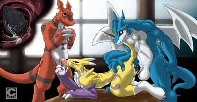 Digi-Spitroast
art by comp_five
Keywords: anime;digimon;furry;canine;dragon;renamon;guilmon;exveemon;male;female;anthro;M/F;threeway;spitroast;penis;oral;from_behind;vaginal_penetration;internal;spooge;comp_five