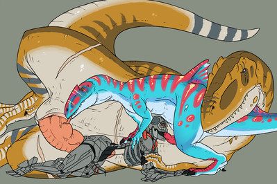 Carcharodontosaurus Threeway
art by convicted-clown
Keywords: dinosaur;theropod;carcharodontosaurus;concavenator;feral;robot;anthro;male;M/M;threeway;spoons;penis;macro;anal;oral;convicted-clown