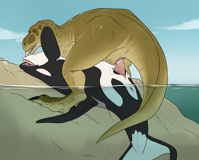Orca and TRex
art by convicted-clown
Keywords: dinosaur;theropod;tyrannosaurus_rex;trex;cetacean;orca;male;female;feral;M/F;cowgirl;penis;cloaca;cloacal_penetration;spooge;convicted-clown