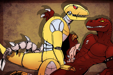 Haxx Enjoying A Cyber Raptor
art by convicted-clown
Keywords: cartoon;extreme_dinosaurs;dinosaur;theropod;raptor;haxx;cyber_raptor;robot;male;anthro;M/M;missionary;penis;anal;spooge;convicted-clown