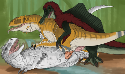 Indominus Threeway
art by convicted-clown
Keywords: jurassic_world;dinosaur;theropod;indominus_rex;carcharodontosaurus;spinosaurus;sludge;male;female;feral;M/F;M/M;threeway;from_behind;missionary;penis;anal;cloaca;cloacal_penetration;convicted-clown