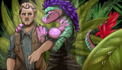 A Friendly Raptor
art by crimsoncanine
Keywords: beast;jurassic_world;dinosaur;theropod;raptor;female;anthro;breasts;human;man;male;M/F;suggestive;humor;crimsoncanine