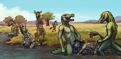 Fun at the Watering Hole
art by volvo
Keywords: crocodilian;crocodile;furry;equine;zebra;male;anthro;M/M;penis;threeway;spitroast;from_behind;oral;anal;volvo