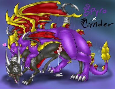 Spyro and Cynder Mating
art by shalonesk
Keywords: videogame;spyro_the_dragon;spyro;cynder;dragon;dragoness;male;female;anthro;M/F;penis;from_behind;vaginal_penetration;spooge;shalonesk
