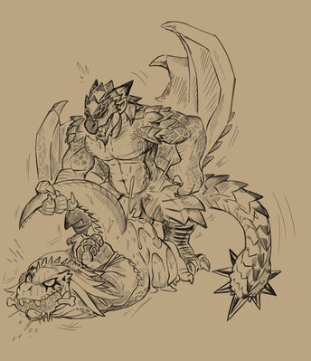 Great Jagras and Rathalos
art by daftpatriot
Keywords: videogame;monster_hunter;dragon;wyvern;great_jagras;rathalos;male;anthro;M/M;bondage;penis;from_behind;anal;spooge;daftpatriot