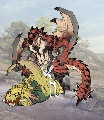 Great Jagras and Rathalos
art by daftpatriot
Keywords: videogame;monster_hunter;dragon;wyvern;great_jagras;rathalos;male;anthro;M/M;bondage;from_behind;anal;spooge;daftpatriot