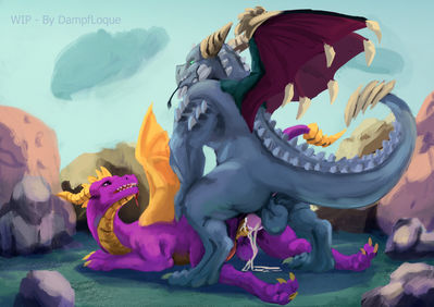 Mounting Spyro
art by dampfloque
Keywords: videogame;spyro_the_dragon;dragon;spyro;male;anthro;M/M;penis;from_behind;anal;spooge;dampfloque