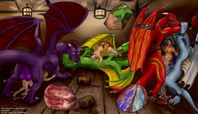 Tavern Party
art by dampfloque
Keywords: beast;dragon;male;feral;human;woman;female;M/F;orgy;penis;hemipenis;from_behind;cowgirl;missionary;reverse_cowgirl;double_penetration;internal;oral;anal;spooge;dampfloque