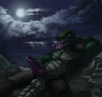 Muscle By Moonlight
art by danza
Keywords: crocodilian;crocodile;male;anthro;solo;penis;masturbation;danza