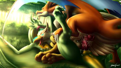 Threesome With Mega_Charizard 
art by darkviolet
Keywords: anime;pokemon;dragon;gryphon;mega_charizard;male;anthro;M/M;threeway;double_penetration;from_behind;cowgirl;penis;anal;spooge;darkviolet