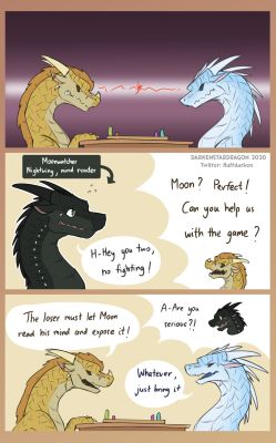 Mindreading 1 (Wings_of_Fire)
art by darkenstardragon
Keywords: comic;wings_of_fire;icewing;sandwing;nightwing;qibli;winter;moonwatcher;dragon;dragoness;male;female;feral;M/M;suggestive;humor;darkenstardragon