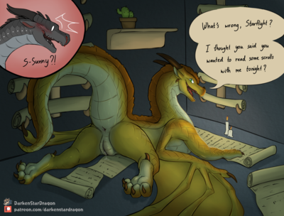 Sunny Study Session (Wings_of_fire)
art by darkenstardragon
Keywords: wings_of_fire;nightwing;sandwing;hybrid;starflight;sunny;dragon;dragoness;male;female;feral;M/F;solo;vagina;suggestive;humor;darkenstardragon