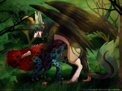 Woodland Breeding
art by darkunisha
Keywords: dinosaur;theropod;tyrannosaurus_rex;trex;female;feral;dragon;male;anthro;M/F;penis;from_behind;cloacal_penetration;spooge;darkunisha