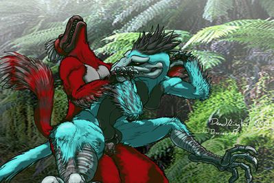 Raptor Slow Ride
art by deadringtail
Keywords: dinosaur;theropod;raptor;deinonychus;male;female;feral;anthro;breasts;M/F;reverse_cowgirl;penis;vaginal_penetration;spooge;deadringtail