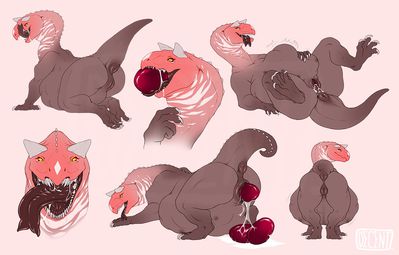 Cherry Carnotaurus
art by decent.
Keywords: dinosaur;theropod;carnotaurus;female;anthro;solo;vagina;egg;oviposition;spooge;decent.