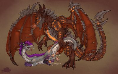 Bred By A Deathwing 
art by deezmo
Keywords: videogame;world_of_warcraft;dragon;deathwing;dragoness;male;female;feral;M/F;from_behind;penis;vagina;suggestive;egg;oviposition;spooge;deezmo