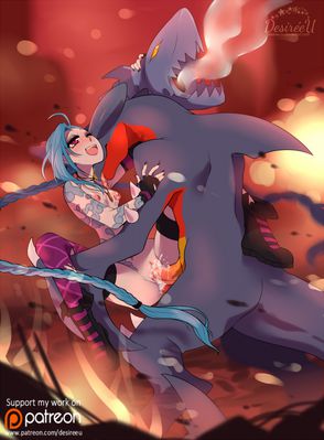 Jinx and Garchomp
art by desireeu
Keywords: anime;pokemon;videogame;league_of_legends;dragon;wyvern;garchomp;male;anthro;human;woman;female;jinx;M/F;penis;hemipenis;missionary;vaginal_penetration;spooge;desireeu