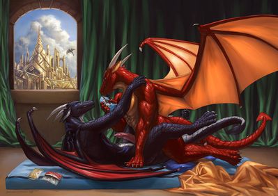 Tower of Hedonistic Pleasure
art by deusexmoose
Keywords: dragon;male;feral;anthro;M/M;penis;missionary;anal;deusexmoose