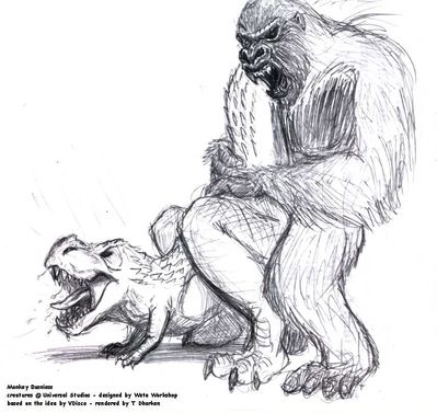 Monkey Business
art by dharken
Keywords: dinosaur;theropod;tyrannosaurus_rex;trex;furry;king_kong;primate;ape;male;female;feral;anthro;M/F;from_behind;dharken