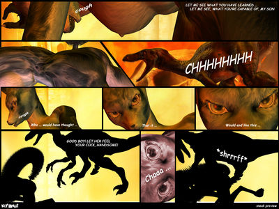 Raptor and Fox
unknown artist
Keywords: comic;dinosaur;theropod;raptor;feral;male;furry;canine;fox;female;anthro;breasts;M/F;penis;from_behind;cgi