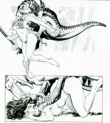 Dino Attack
art by frank_cho
Keywords: beast;dinosaur;theropod;raptor;deinonychus;male;feral;human;woman;female;M/F;from_behind;suggestive;frank_cho