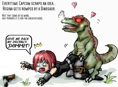 Dino Crisis
unknown artist
Keywords: beast;videogame;dino_crisis;dinosaur;theropod;raptor;male;feral;human;regina;woman;female;M/F;from_behind;suggestive;humor