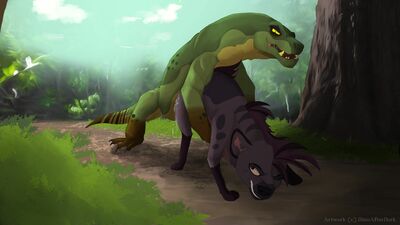 Jasiri and Ora
art by dinoafterdark
Keywords: cartoon;the_lion_guard;monitor_lizard;komodo_dragon;furry;hyena;jasiri;ora;male;female;feral;M/F;from_behind;suggestive;spooge;dinoafterdark