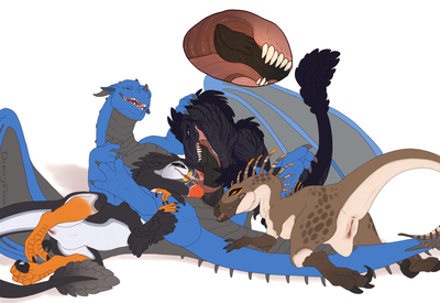 Syrazor and Raptor Girls
art by dirtyfox911911
Keywords: dragon;syrazor;male;dinosaur;theropod;raptor;female;feral;M/F;penis;orgy;oral;anal;rimjob;internal;dirtyfox911911