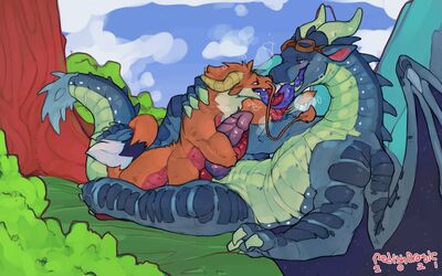 Draixen and Fatehunter (Wings_of_Fire)
art by dirtyturquoise
Keywords: wings_of_fire;nightwing;icewing;hybrid;eastern_dragon;dragon;male;feral;M/M;penis;missionary;masturbation;anal;dirtyturquoise