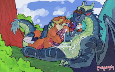 Draixen and Fatehunter 2 (Wings_of_Fire)
art by dirtyturquoise
Keywords: wings_of_fire;rainwing;leafwing;hybrid;eastern_dragon;dragon;male;feral;M/M;penis;oral;masturbation;ejaculation;spooge;dirtyturquoise