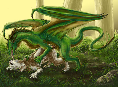 Dragon Mounts A Dog
art by docsonar
Keywords: dragon;furry;canine;dog;male;female;feral;M/F;penis;from_behind;docsonar