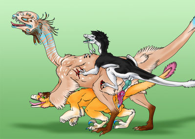 Raptor Orgy
art by dogsoul
Keywords: dinosaur;theropod;raptor;deinonychus;dilophosaurus;male;female;feral;M/F;M/M;cloaca;cloacal_penetration;anal;threeway;penis;dogsoul