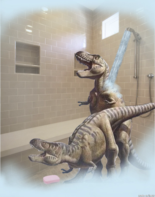 Don't Drop The Soap
original art by raul_martin
Keywords: dinosaur;theropod;tyrannosaurus_rex;trex;male;female;feral;M/F;from_behind;humor;raul_martin