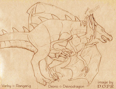 Deino and Varby
art by dopr
Keywords: dragon;dinosaur;theropod;raptor;deinonychus;feral;male;M/M;penis;anal;from_behind;spooge;dopr