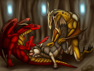 Spitroasting
art by demoniccompendium
Keywords: dragon;furry;canine;dog;feral;male;M/M;threeway;spitroast;penis;anal;oral;spooge;demoniccompendium