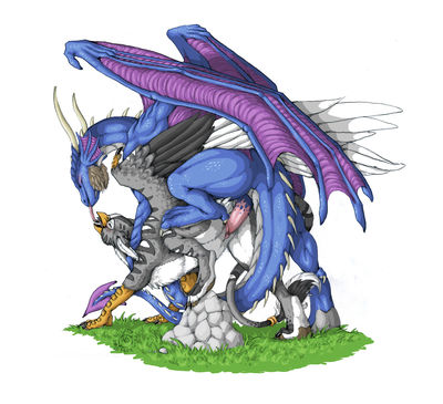 Dragon Mounts Gryphon
art by acidapluvia
Keywords: dragon;gryphon;male;female;feral;M/F;penis;from_behind;vaginal_penetration;acidapluvia