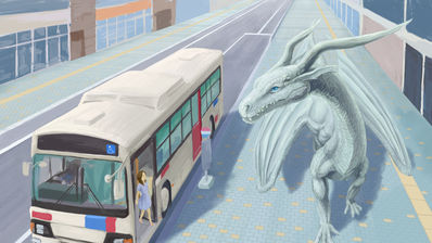 Catch The Bus
art by trout
Keywords: dragon;male;feral;solo;automobile;non-adult