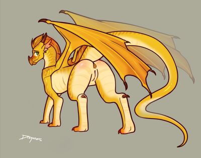 Sunny (Wings_of_Fire)
art by dragonfu
Keywords: wings_of_fire;sandwing;nightwing;hybrid;sunny;dragoness;female;feral;solo;vagina;presenting;dragonfu