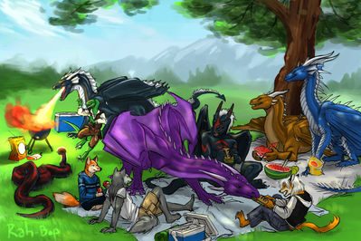 Dragon's Picnic
art by rah-bop
Keywords: dragon;snake;furry;canine;fox;wolf;dinosaur;theropod;raptor;feral;anthro;male;humor;non-adult;rah-bop