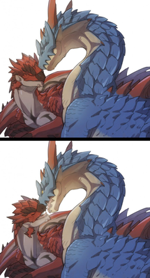 Lagiacrus and Rathalos
art by dragon_shippo
Keywords: videogame;monster_hunter;dragon;dragoness;wyvern;male;female;feral;M/F;romance;suggestive;dragon_shippo