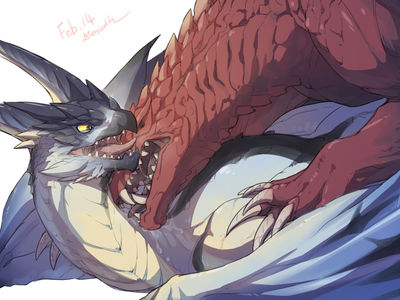 Odogaron x Legiana
art by dragonshippo
Keywords: videogame;monster_hunter;dragon;dragoness;wyvern;odogaron;legiana;male;female;feral;M/F;from_behind;suggestive;dragonshippo