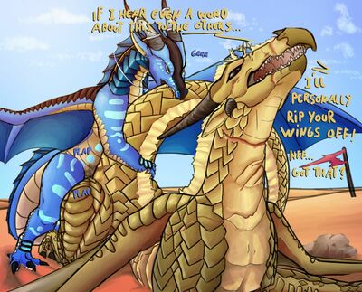 Mounting Burn (Wings_of_Fire)
art by dragonsponies
Keywords: wings_of_fire;seawing;sandwing;princess_burn;dragon;dragoness;male;female;feral;M/F;from_behind;suggestive;dragonsponies