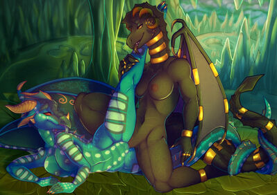 Tribbing By Firelight (Wings_of_Fire)
art by drakkonn
Keywords: wings_of_fire;seawing;dragoness;female;anthro;breasts;lesbian;tribbing;vagina;masturbation;drakkonn