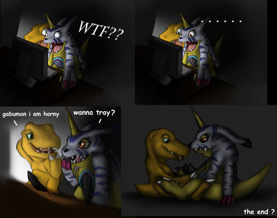 Wanna Try?
art by dreiker
Keywords: anime;digimon;dragon;furry;canine;agumon;gabumon;male;anthro;M/M;penis;masturbation;dreiker